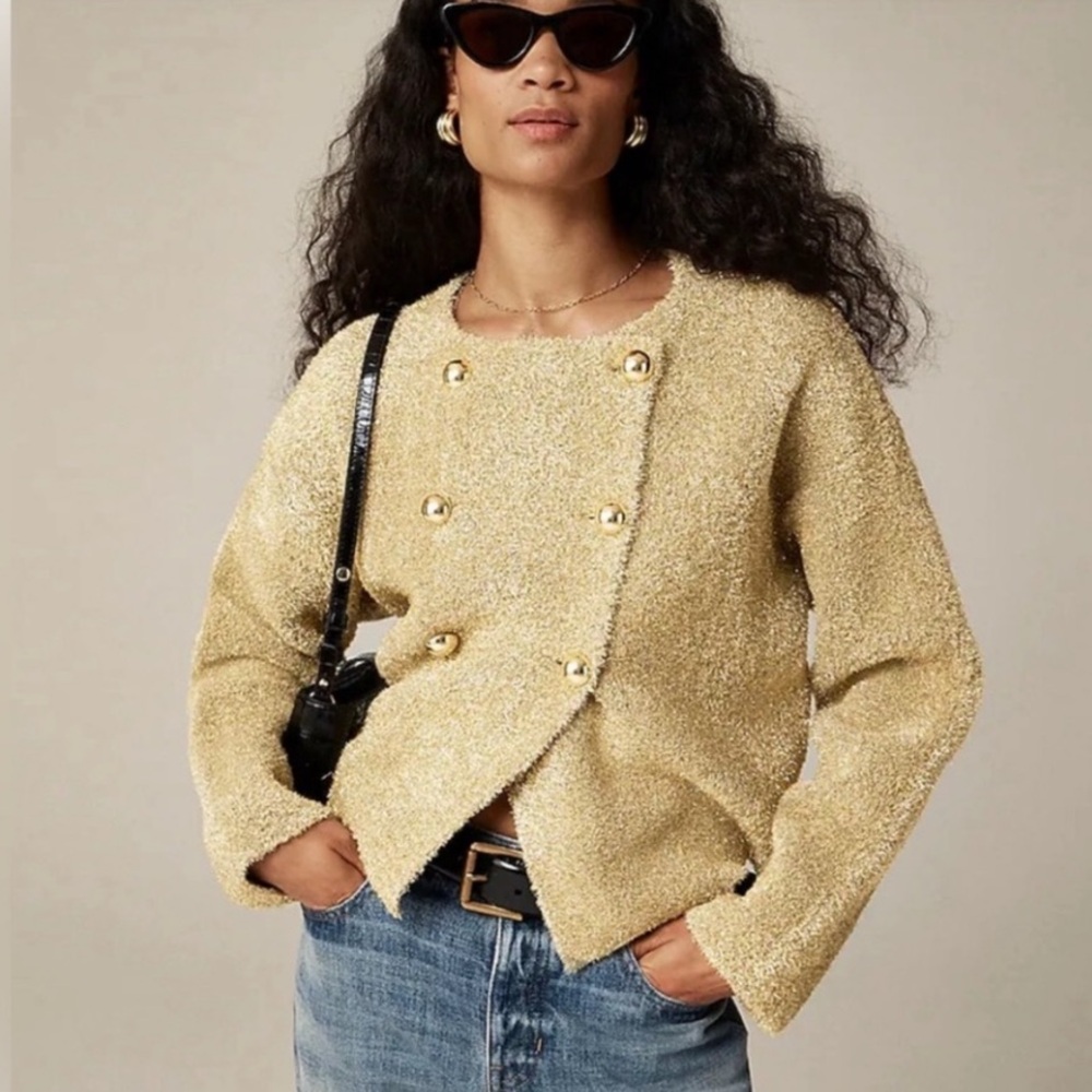 J. Crew gold jacket NWT. It is an oversized XS. Very chic and while being comfy